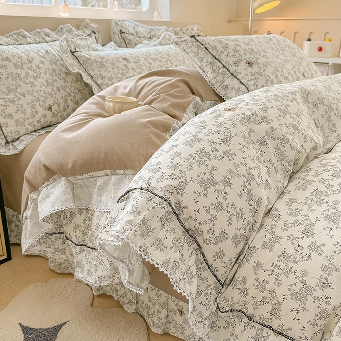 91家纺网 家纺一手货源 找家纺 缦彩家纺  2025新款韩版全棉公主风床单四件套 奥罗拉