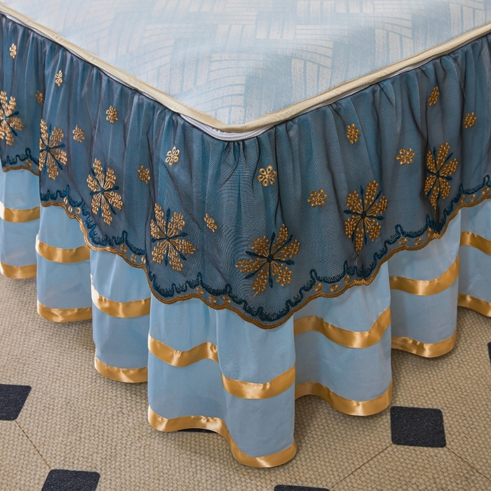 91家纺网 家纺一手货源 找家纺 情恒家纺   2025新款提花PE海洋丝可脱卸床裙席三件套 城市剪影 清新蓝