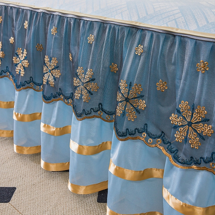 91家纺网 家纺一手货源 找家纺 情恒家纺   2025新款提花PE海洋丝可脱卸床裙席三件套 城市剪影 清新蓝