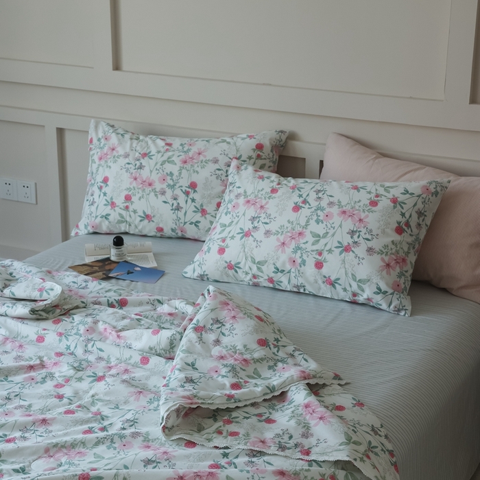 91家纺网 家纺一手货源 找家纺 棉眠 2025新款纯棉花边夏被套件 漫步花庭