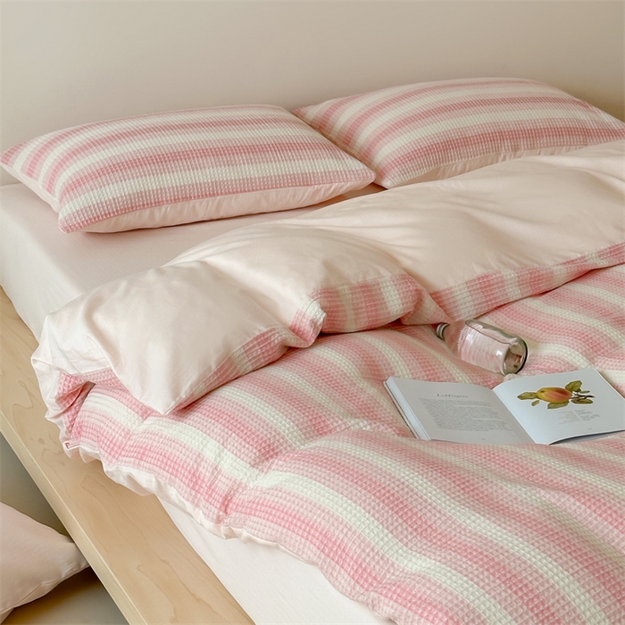 91家纺网 家纺一手货源 找家纺 （总）小春日和 高端华夫格纯棉四件套高档民宿全棉四件套多巴胺纯棉被套人字纹纯色加大床单1.8纯色棉床笠