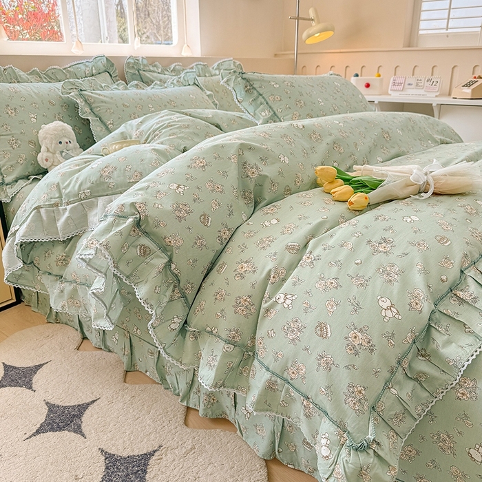 91家纺网 家纺一手货源 找家纺 缦彩家纺  2025新款韩版全棉公主风床单四件套 贝丽花都