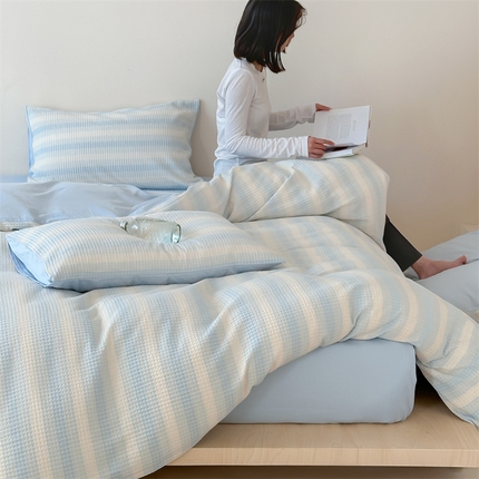 91家纺网 家纺一手货源 找家纺 （总）小春日和 高端华夫格纯棉四件套高档民宿全棉四件套多巴胺纯棉被套人字纹纯色加大床单1.8纯色棉床笠