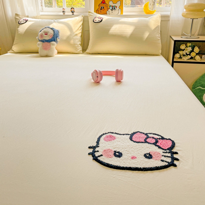 91家纺网 家纺一手货源 找家纺 海岛哥哥 2025春夏新款卡通毛巾绣床笠 粉红小喵-黄