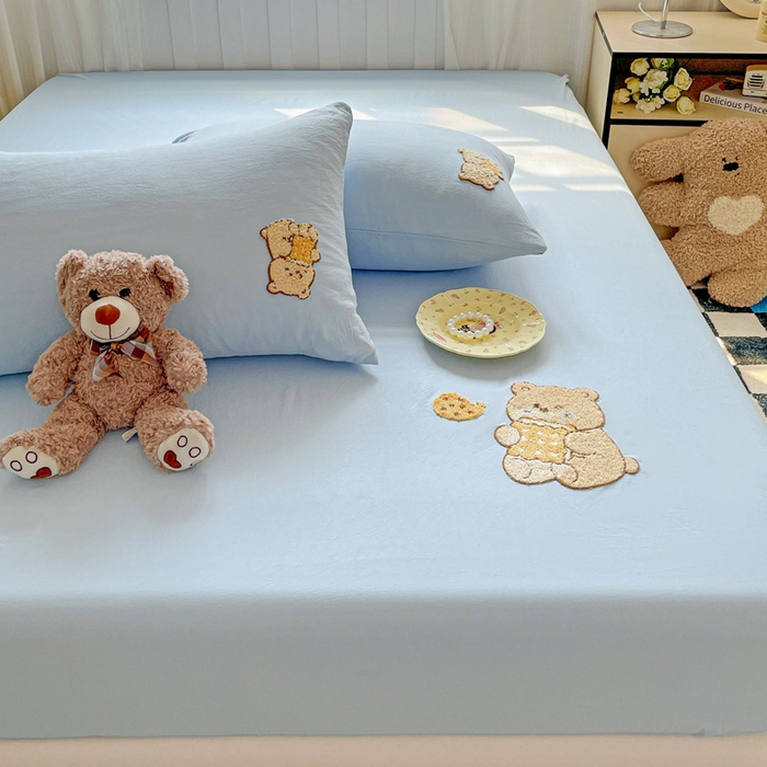 91家纺网 家纺一手货源 找家纺 海岛哥哥 2025春夏新款卡通毛巾绣床笠 小熊饼干-蓝