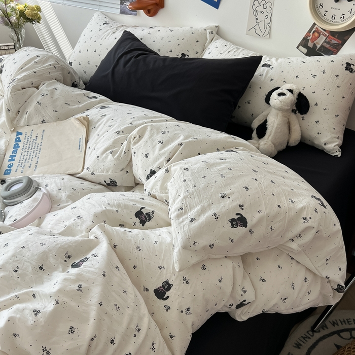 91家纺网 家纺一手货源 找家纺 罗亿家纺 罗亿家纺 2025新款软绵绵的双拼印花小清新云朵皱皱水洗棉四件套（含买家秀） 猫语日记