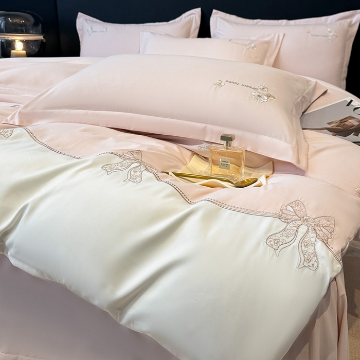 91家纺网 家纺一手货源 找家纺 梧桐家居 2025新款亲肤棉绣花四件套-米勒 米勒-浅粉