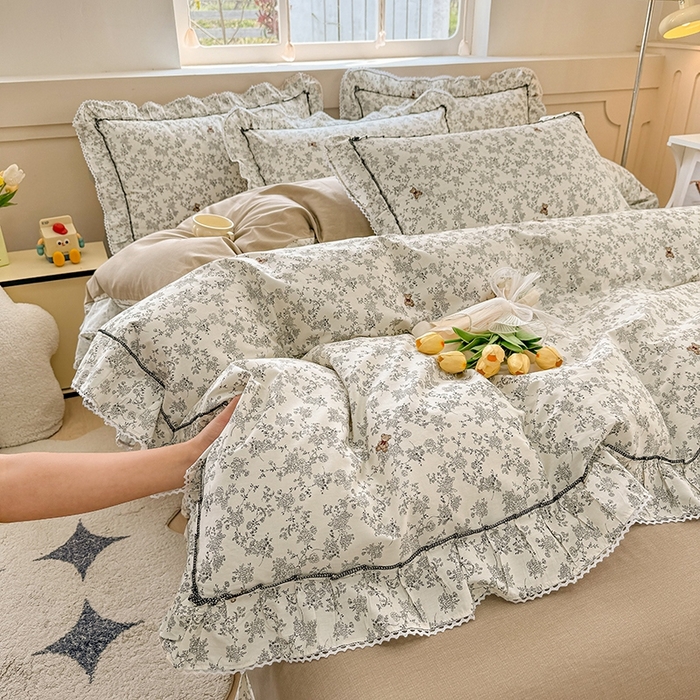 91家纺网 家纺一手货源 找家纺 缦彩家纺  2025新款韩版全棉公主风床单四件套 奥罗拉