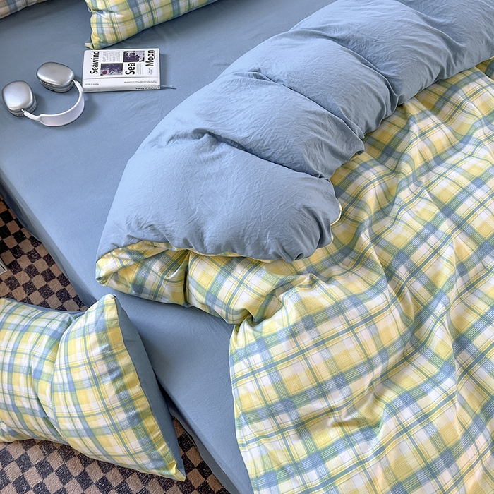 91家纺网 家纺一手货源 找家纺 （总）贝拉梦家纺 2024新款日式简约格子系水洗棉床单款床笠款套件系列-四件套