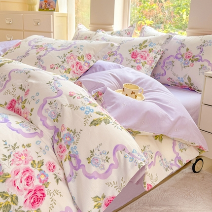 佑金甜 2025新款100%全棉印花四件套纯棉印花单被套三件套（尺寸已预留）（礼盒塑封包装）（买家秀加V)粉霭玫瑰笺