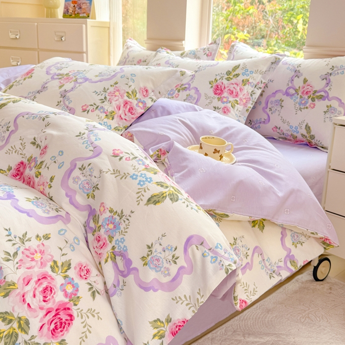 91家纺网 家纺一手货源 找家纺 佑金甜 2025新款100%全棉印花四件套纯棉印花单被套三件套（尺寸已预留）（礼盒塑封包装）（买家秀加V)粉霭玫瑰笺