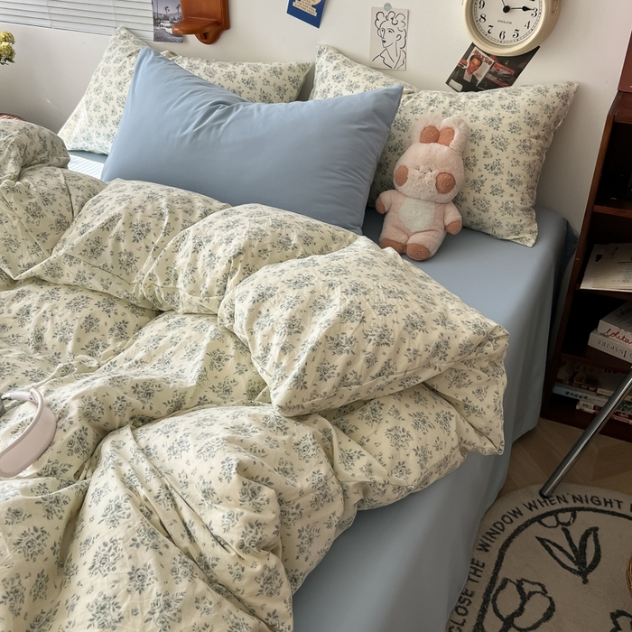 91家纺网 家纺一手货源 找家纺 罗亿家纺 罗亿家纺 2025新款软绵绵的双拼印花小清新云朵皱皱水洗棉四件套（含买家秀） 春日与玫瑰