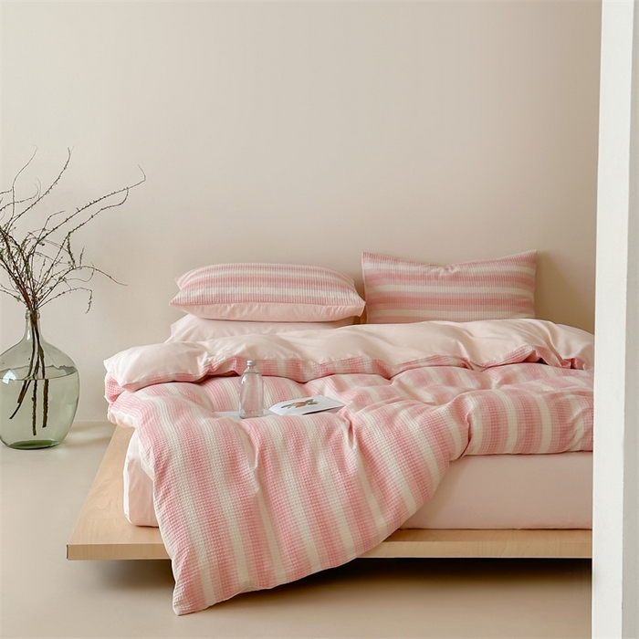 91家纺网 家纺一手货源 找家纺 （总）小春日和 高端华夫格纯棉四件套高档民宿全棉四件套多巴胺纯棉被套人字纹纯色加大床单1.8纯色棉床笠