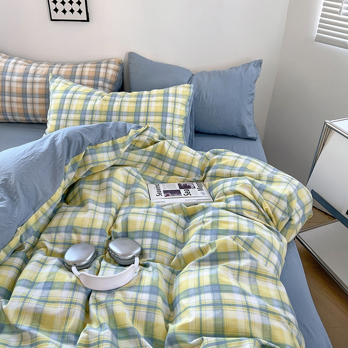 91家纺网 家纺一手货源 找家纺 （总）贝拉梦家纺 2024新款日式简约格子系水洗棉床单款床笠款套件系列-四件套