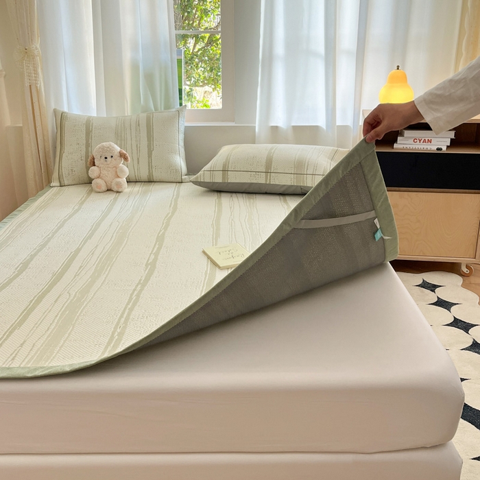 91家纺网 家纺一手货源 找家纺 雅居纺家纺 2025新款A类加厚三明治底简约提花凉感席系列-床席款 条纹-绿