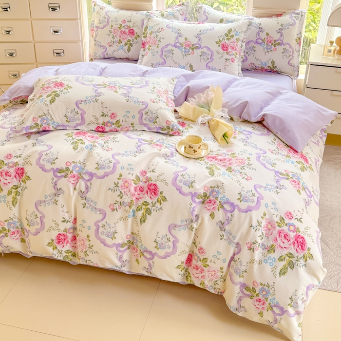 91家纺网 家纺一手货源 找家纺 佑金甜 2025新款100%全棉印花四件套纯棉印花单被套三件套（尺寸已预留）（礼盒塑封包装）（买家秀加V)粉霭玫瑰笺