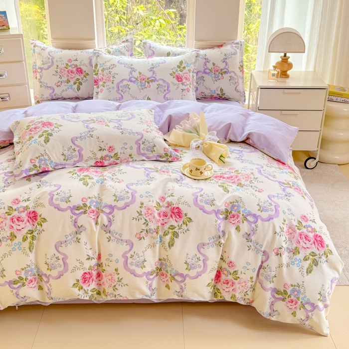 91家纺网 家纺一手货源 找家纺 佑金甜 2025新款100%全棉印花四件套纯棉印花单被套三件套（尺寸已预留）（礼盒塑封包装）（买家秀加V)粉霭玫瑰笺