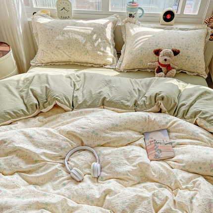 2025新款云感木棉皱皱双层纱全棉花边四件套 薄荷微凉