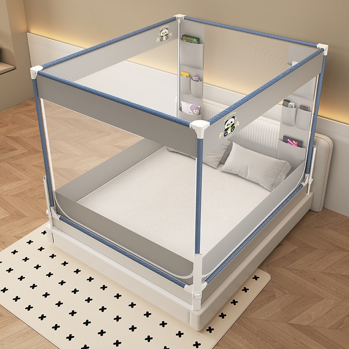 91家纺网 家纺一手货源 找家纺 无瑕家居 2025新款高级围栏家用卧室加粗儿童防止掉床超大空间免安装坐床蚊帐围栏款蚊帐储物围栏蚊帐系列 灰色小熊猫