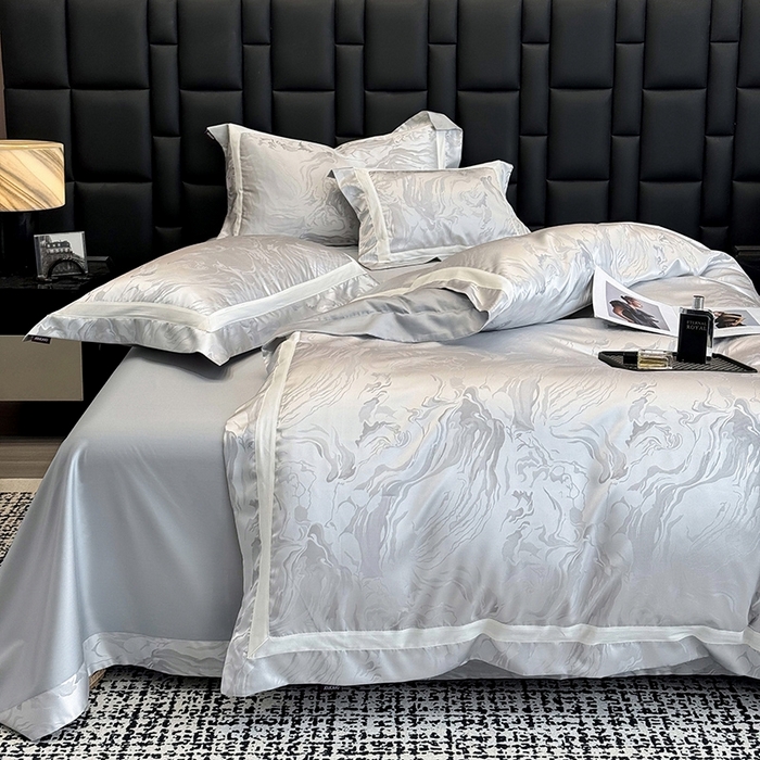 91家纺网 家纺一手货源 找家纺 2025新品床上用品高端A类100支天丝棉贡缎提花四件套全棉纯棉长绒棉夏季轻奢真丝全工艺 南溪-银衫灰