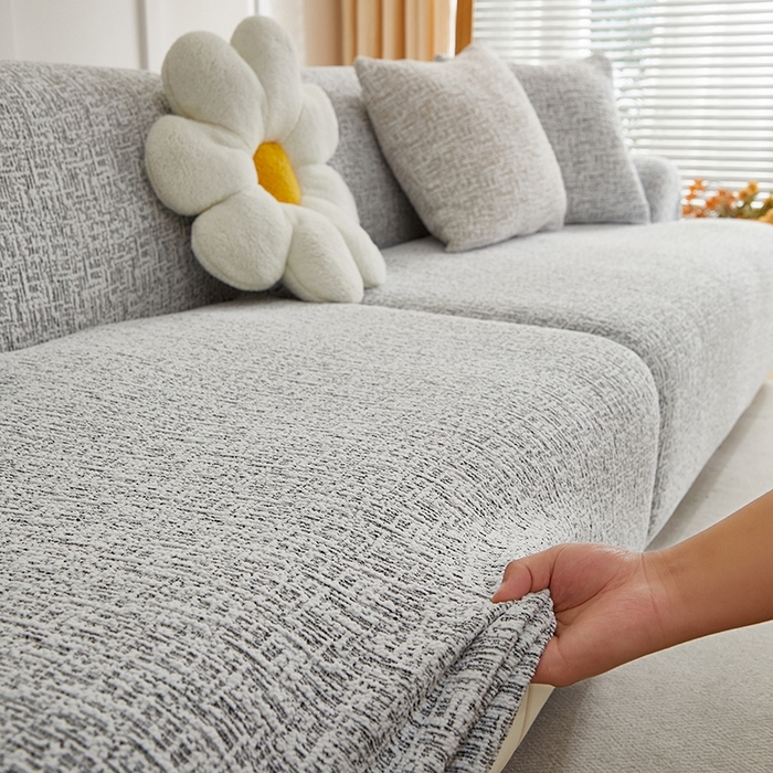 91家纺网 家纺一手货源 找家纺 丝绮鹿 2025新款竹节雪尼尔沙发套松紧款（大三人图）  深中灰