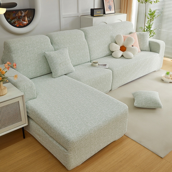 91家纺网 家纺一手货源 找家纺 丝绮鹿 2025新款竹节雪尼尔沙发套松紧款（贵妃图） 薄荷绿