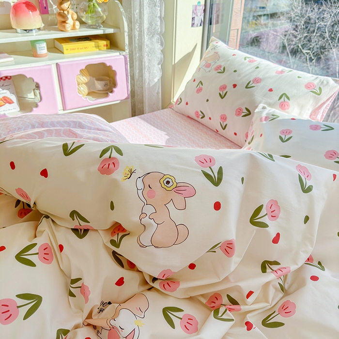 91家纺网 家纺一手货源 找家纺 琪格格 2025春夏新款全棉纯棉40S13372小清新四件套 小粉兔