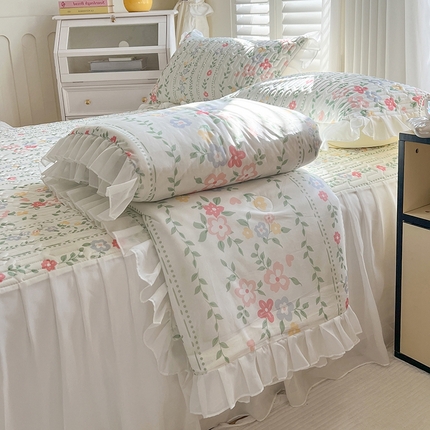 慕澄2025新款小版印花床裙款乳胶凉席凉感丝夏被四件套 春季花花