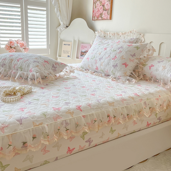 91家纺网 家纺一手货源 找家纺 麒豆豆 2025新款水洗棉印花床笠三件套 蝶之舞