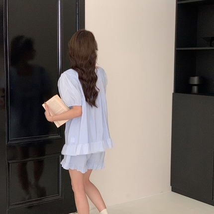 2025新款韩系蕾丝花边方领套装-82967 天蓝色