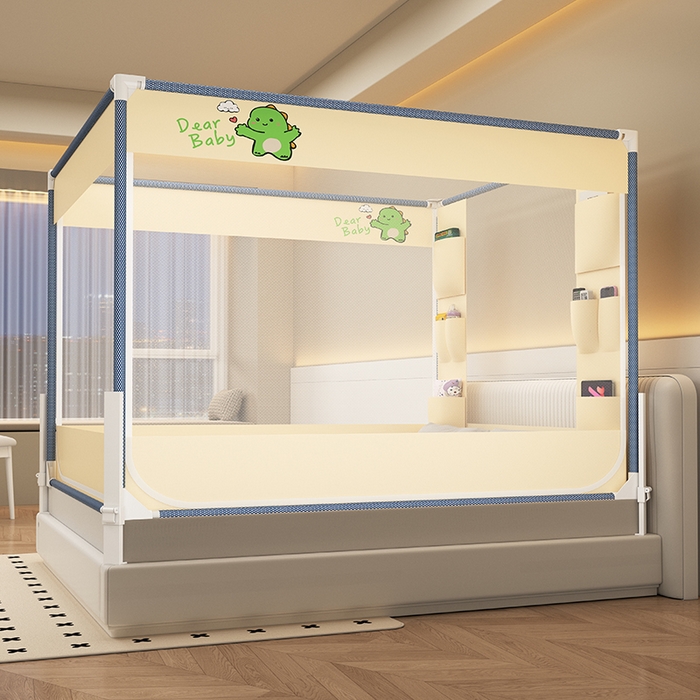 91家纺网 家纺一手货源 找家纺 无瑕家居 2025新款高级围栏家用卧室加粗儿童防止掉床超大空间免安装坐床蚊帐围栏款蚊帐储物围栏蚊帐系列 绿色小恐龙