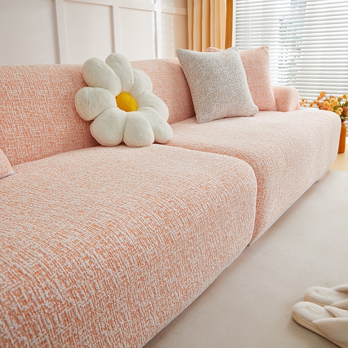 91家纺网 家纺一手货源 找家纺 丝绮鹿 2025新款竹节雪尼尔沙发套松紧款（大三人图）  奶油橘