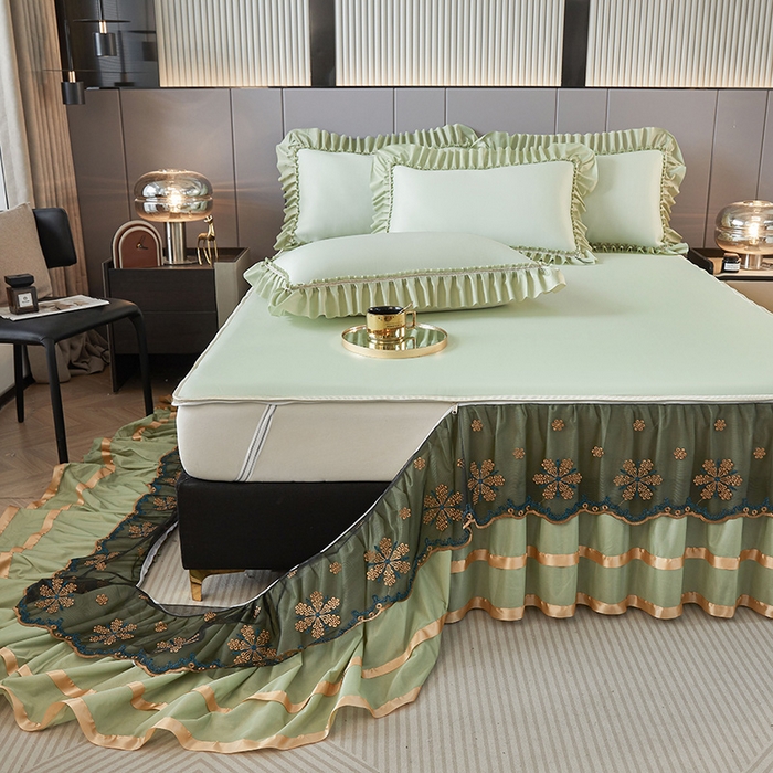 91家纺网 家纺一手货源 找家纺 情恒家纺 2025新款纯色可拆卸PE海洋丝床裙席三件套 薄荷绿