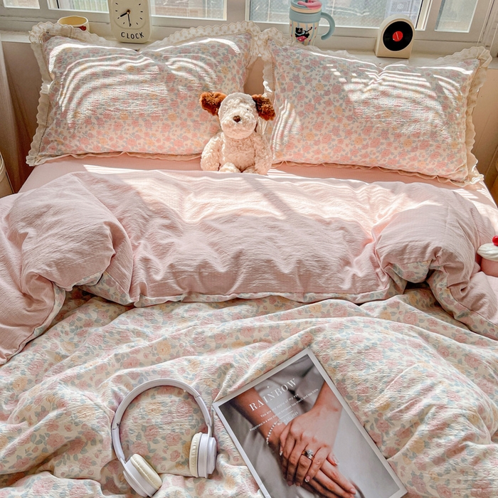 91家纺网 家纺一手货源 找家纺 （总）2025新款云感木棉皱皱双层纱全棉花边四件套