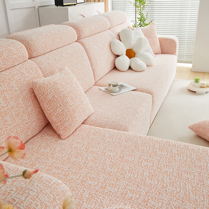 91家纺网 家纺一手货源 找家纺 丝绮鹿 2025新款竹节雪尼尔沙发套松紧款（贵妃图） 奶油橘