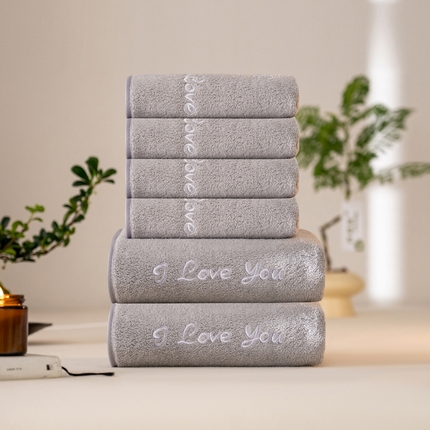 彩虹毛巾2025新款I Love you珊瑚绒毛巾浴巾套装网红情侣浴室加厚毛巾浴巾两件套 2条浴巾+4条毛巾-灰色