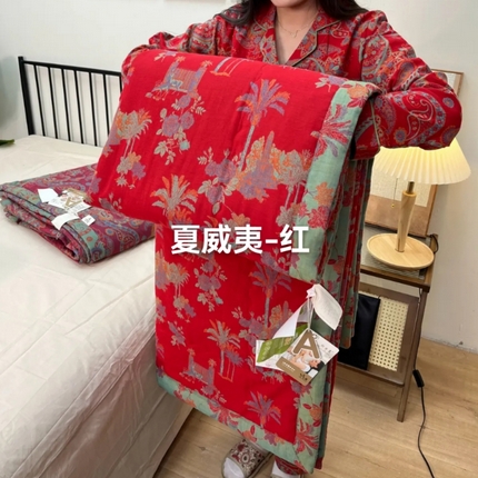 鲁爱家纺供货 2025新款全棉双层纱提花夏被 夏威夷-红
