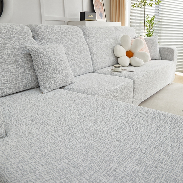 91家纺网 家纺一手货源 找家纺 丝绮鹿 2025新款竹节雪尼尔沙发套松紧款（贵妃图） 月光浅灰