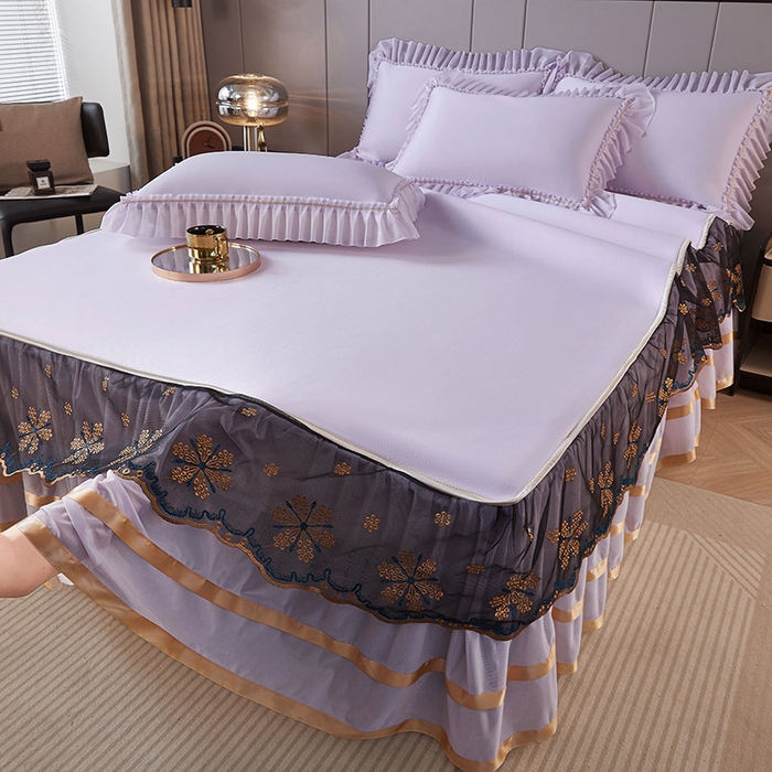 91家纺网 家纺一手货源 找家纺 情恒家纺 2025新款纯色可拆卸PE海洋丝床裙席三件套 优雅紫