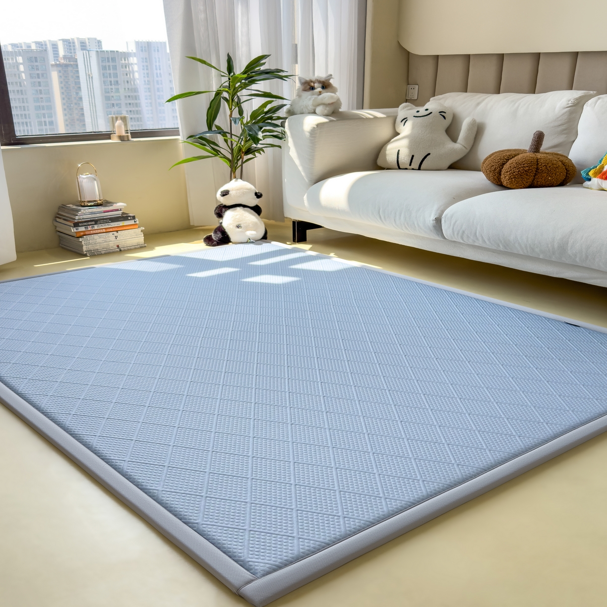 91家纺网 家纺一手货源 找家纺 席世家 2025新款凉感豆豆多功能垫 波洛格-蓝