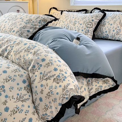 91家纺网 家纺一手货源 找家纺 （总）曼璐家纺 2025新款有氧水洗棉赫本风法式黑色花边单被套