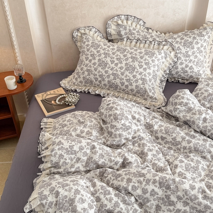 91家纺网 家纺一手货源 找家纺 （总）简宜家居（朝初家纺） 2025新款40s全棉纯棉双层纱撞色蕾丝花边四件套