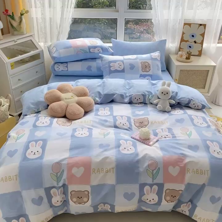 91家纺网 家纺一手货源 找家纺 琪格格 2025春夏新款全棉纯棉40S13372小清新四件套 白兔与熊