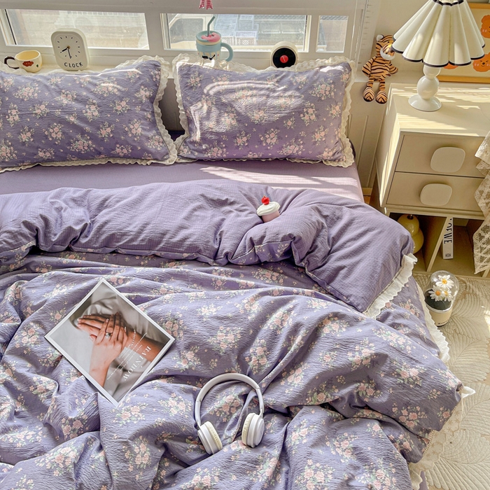 91家纺网 家纺一手货源 找家纺 2025新款云感木棉皱皱双层纱全棉花边四件套 豆蔻