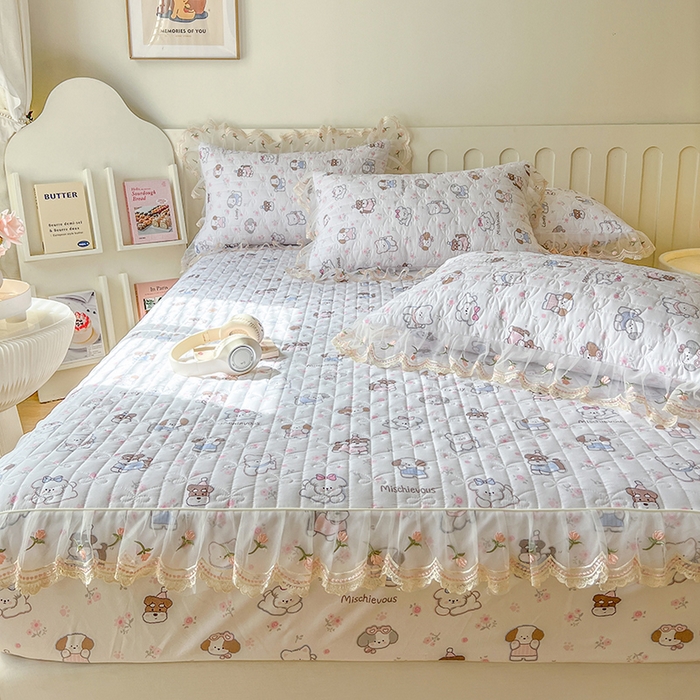 91家纺网 家纺一手货源 找家纺 麒豆豆 2025新款水洗棉印花床笠三件套 汪汪乐园