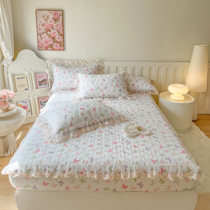 91家纺网 家纺一手货源 找家纺 麒豆豆 2025新款水洗棉印花床笠三件套 蝶之舞