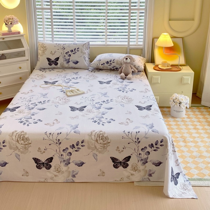 91家纺网 家纺一手货源 找家纺 慕尚家纺 2025新款全棉纯棉老粗布花卉床单款凉席席子 花蝶纷飞