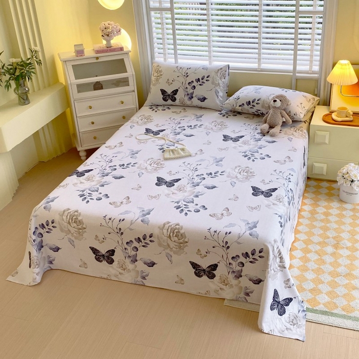 91家纺网 家纺一手货源 找家纺 慕尚家纺 2025新款全棉纯棉老粗布花卉床单款凉席席子 花蝶纷飞