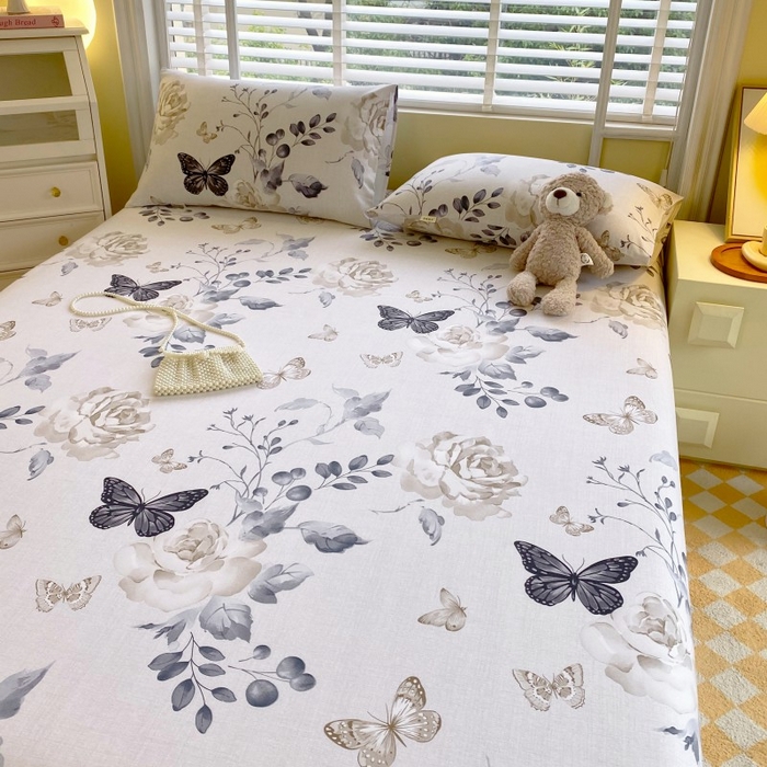 91家纺网 家纺一手货源 找家纺 慕尚家纺 2025新款全棉纯棉老粗布花卉床单款凉席席子 花蝶纷飞