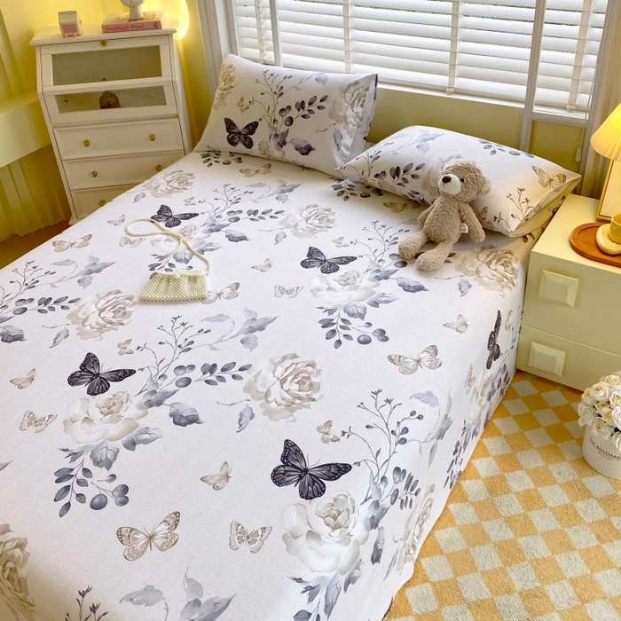 91家纺网 家纺一手货源 找家纺 慕尚家纺 2025新款全棉纯棉老粗布花卉床单款凉席席子 花蝶纷飞